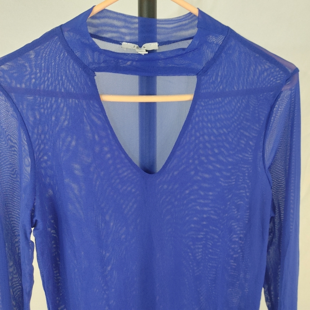 Iris Blue Sheer Mesh Bodysuit 1X Long Sleeve V Neck Stretch Y2K Clubwear Top - Picture 2 of 12
